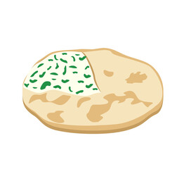 Traditional Osetian or Dagestani Caucasian pie flatbread. Baked bread filled with curd, cottage cheese and green.Flat Vector Illustration isolated on white background.