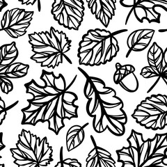 LEAVES AUTUMN PATTERN Monochrome Openwork Contoural Silhouettes Of Forest Leaves Fall Season Nature Sketch Seamless Background Vector Illustration