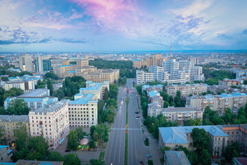 The central street of Kharkiv, aerial drone shot at sunset. Architecture of Kharkiv, Science Avenue, Derzhprom, Medical University and Karazin University