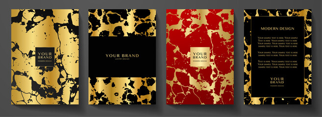 Modern black, red, gold cover design set. Creative premium abstract with marble texture (crack) background. Luxury vector collection for luxe catalog, brochure template, restaurant menu