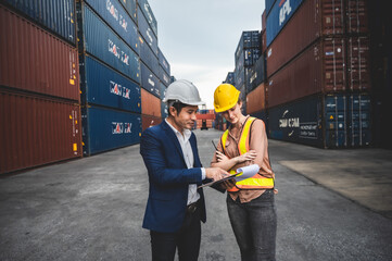 Business executives And engineers are visiting industrial plants and warehouses for international shipping businesses. Concepts of import and export via airplanes and ships. - obrazy, fototapety, plakaty