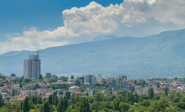 Sofia, Bulgaria - 2021: View from the National Palace of Culture to Millennium Centre, South Park, the city and Vitosha Mountain