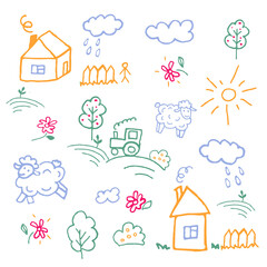 Doodles, children's drawings. Colorful children's drawings with houses, clouds and sheep. Clipart for designing layouts and creating patterns.