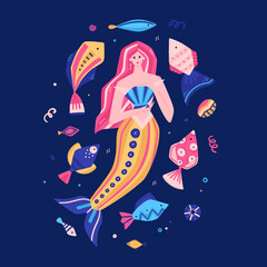 Vector fabulous underwater world. Colorful marine life. Cute hand-drawn mermaid, fish, shells. It can be used for baby clothes, stickers, T-shirts, swimwear, poster