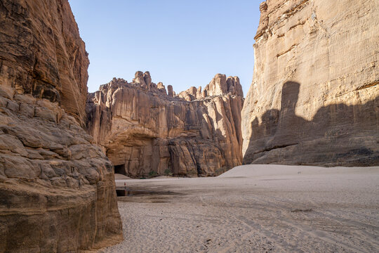 Aerial panorama inside canyon aka Guelta d'Archei, Chad, Africa