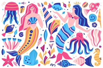 Vector clipart. Fabulous underwater world. Colorful marine life. Cute hand-drawn mermaids, fish, shells, octopus, jellyfish, seahorse. It can be used for baby clothes, stickers, T-shirts, swimwear
