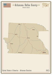 Map on an old playing card of Dallas county in Arkansas, USA.