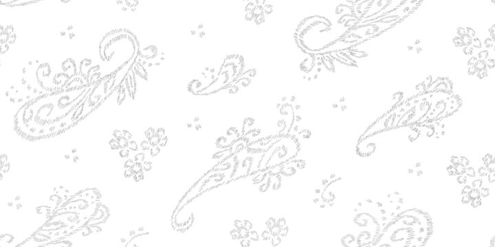 Paisley seamless pattern. Gray-white ornament Turkish cucumber. Bohemian embroidered textile print. Handmade. Vector illustration.