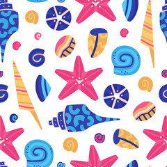 Vector seamless pattern with colorful underwater world. Cute hand-drawn fish. Marine life. Repeating background. It can be used for baby clothes, T-shirts, swimwear, wrapping, wallpaper, cloth