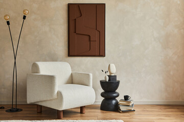 Obraz na płótnie Canvas Stylish composition of modern cozy living room interior with structure painting, beige armchair, coffee table and personal accessories. Neutral creative wall, carpet on the floor. Template.