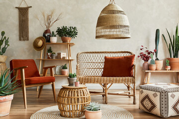 Stylish composition of cozy living room interior with copy space, lot of plants, wooden shelves, rattan sofa and accessories. Beige wall, carpet on the floor. Plants love concept. Template.