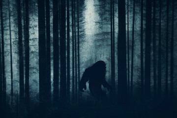 A dark scary concept. Of a mysterious bigfoot figure, walking through a forest. Silhouetted against trees in a forest. With a grunge, textured edit. - obrazy, fototapety, plakaty