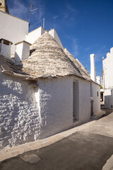 Fototapeta na wymiar Beautiful town of Alberobello with typical trulli houses built from stone among green plants and flowers, main touristic district, Apulia region UNESCO World Heritage Site 