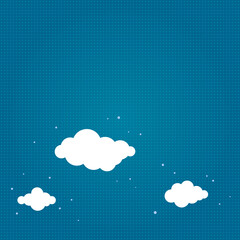 Flat blue sky landscape. Vector white clouds cartoonish sky. Dotted background.