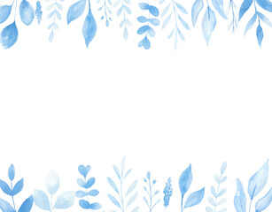 Watercolor blue floral frame isolated on white background. Wedding floral invitation, greeting card. Something blue watercolor theme.  