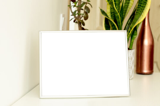 empty photo frame on white table with flower pots on background