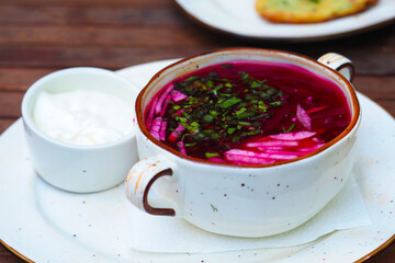 Borscht. Traditional russian cold summer beetroot soup with vegetables