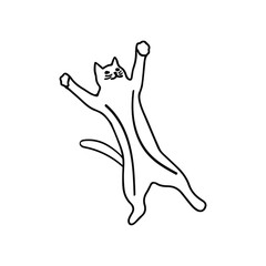 Obraz premium Cute cat in a funny pose. Jumps up and stretches with a paws. Vector black and white doodle isolated illustration. Pet playful