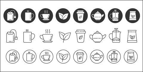 Tea icons. Hot drink simple symbols set. Leaves and cups. Brewing tea in a teapot. Vector illustration isolated on white background.