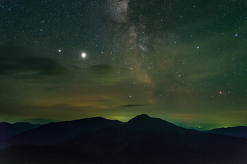 Saturn and Jupiter, planets in night sky with Milky Way over mountains