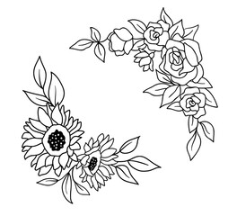 Flower border with flowers and leaves in outline style. Vector sunflowers and roses. Elegant bouquet isolated on white background