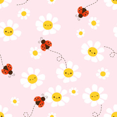 Seamless pattern with daisy flower and ladybug cartoons on pink background vector illustration. Cute childish print.