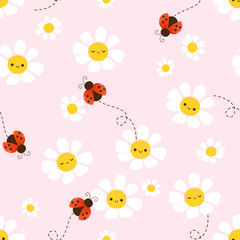 Seamless pattern with daisy flower and ladybug cartoons on pink background vector illustration. Cute childish print. © Thanawat