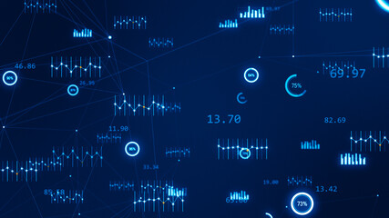 Blue technology icon with chart graph, line graph and circle graph on abstract background concept