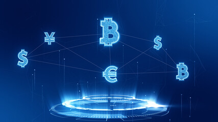 Blue digital money icon connection with futuristic circle technology abstract background