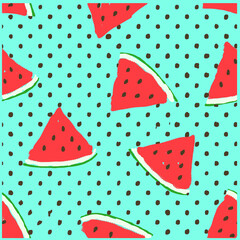 Seamless watermelons pattern. Vector background with watercolor watermelon slices. Cute seamless vector pattern with watermelons and dots.