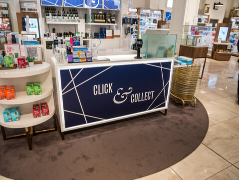 London, UK, July 10th 2021: John Bell  Croyden, a pharmacy or chemist shop in Wigmore Street. The click and collect customer service desk.