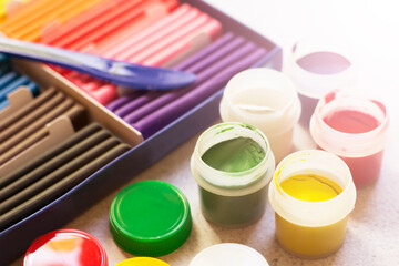 Colored gouache and plasticine, a set for school and creativity