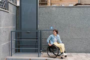 Mid aged smiling brunette disabled woman