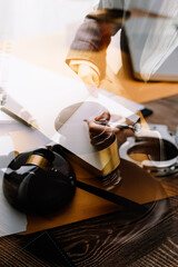 Business and lawyers discussing contract papers with brass scale on desk in office. Law, legal services, advice, justice and law concept picture with film grain effect