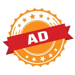 AD text on red orange ribbon stamp.