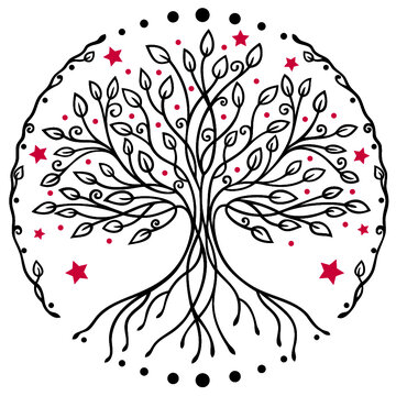 Lebensbaum Yoga. Yggdrasil Tree of life, die nordisch keltische Weltenesche mit Sternen.