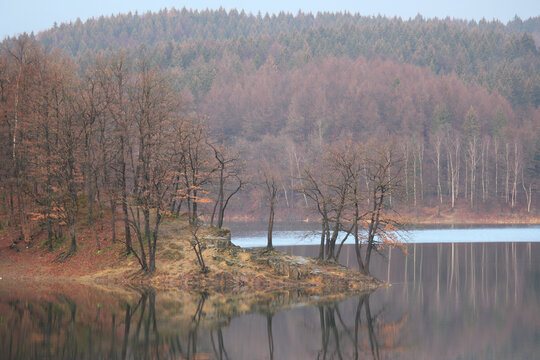 View of autumn forest and lake slightly covered with mist. Aggertalsperre in Germany.