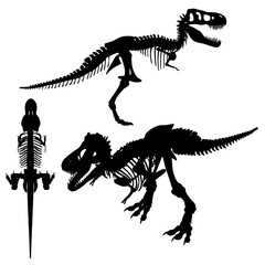 Set with silhouettes of dinosaur skeleton in different positions isolated on white background. Vector illustration