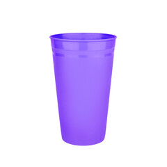 Purple empty plastic cup white background isolated closeup, disposable blank drink glass, beverage, cocktail, cold water, hot coffee mug, tea, fruit juice, tableware design, utensil, container mockup