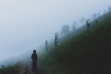 A moody lone hooded figure, back to camera standing on a path Looking at a foggy hillside on a moody atmospheric day.