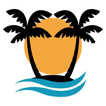 Palms trees with ocean waves and sunset. Vector illustration.