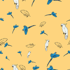Vector orange background tropical birds, parrots, macaw, exotic cockatoo birds. Seamless pattern background