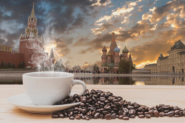 Coffee on wooden table with St. Basil's Cathedral