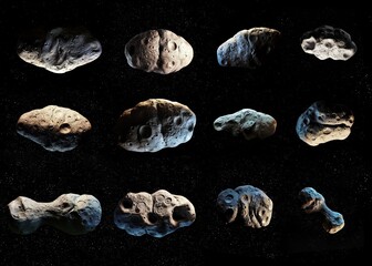 asteroids of the solar system on a black background, comparison of the sizes of different asteroids. © Nazarii
