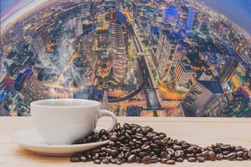 Coffee on wooden table with fisheye cityscape