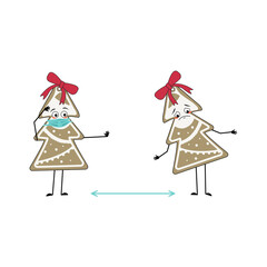 character of gingerbread cookie in the shape of a Christmas tree with sad emotions, face and mask keep distance, hands with stop gesture. Happy New Year sweet. Holiday decoration