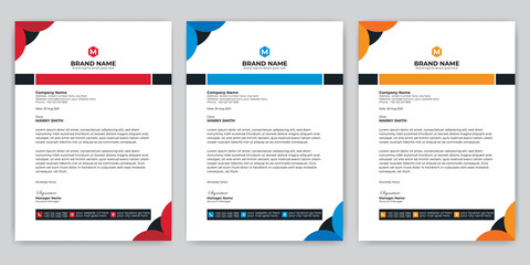 Professional Abstract corporate Letterhead template Design for Advertising Company Profile Layout, Letterhead Design Simple, And Clean Print-ready with Red, Orange and blue CMYK Color 13
