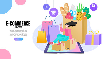 Young woman using mobile phone for shopping online. Woman doing online shopping. Happy customer sitting with shopping bags around him. Vector EPS10.