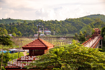 Mon Bridge, old wooden bridge at sunset in Sangkhlaburi, Kanchanaburi, Thailand