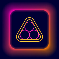 Glowing neon line Billiard balls in a rack triangle icon isolated on black background. Colorful outline concept. Vector